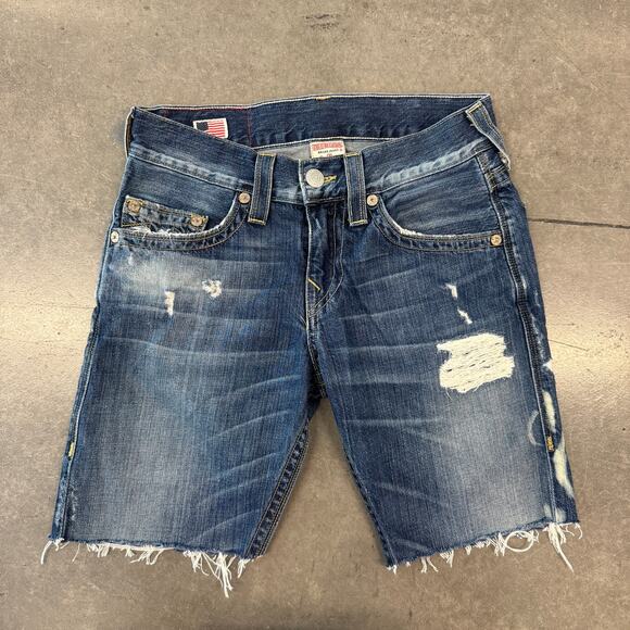 Vintage Y2K True Religion Fray Cutoff Bermuda Jorts Jean Shorts 29 Medium Wash - Picture 2 of 6